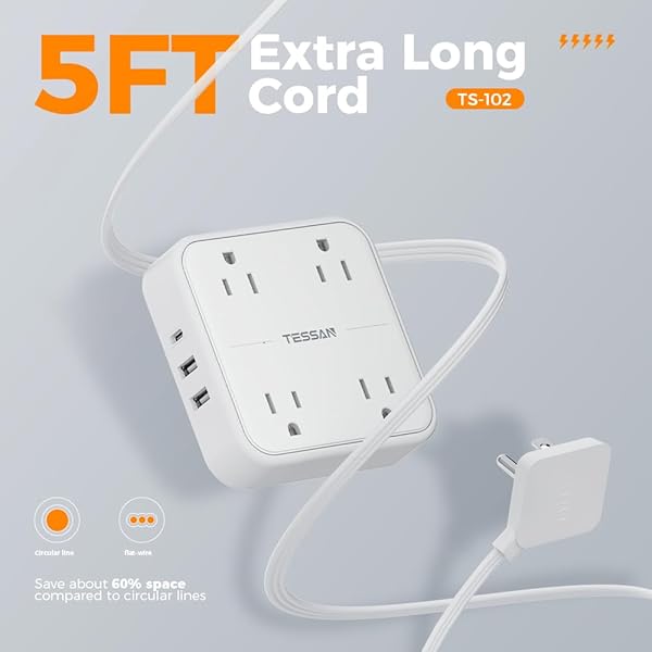 TESSAN 5FT Surge Protector Flat Extension Cord with 4 Outlets and 3 USB C Ports Ideal for Home Office and Dorm White - Image 3