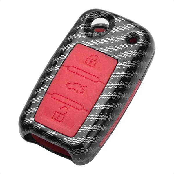 TANGSEN Flip Key Fob Case for Volkswagen Beetle CC EOS Jetta Golf GTI Passat R32 Rabbit TIGUAN Touareg Carbon Fiber Red Silicone Cover
