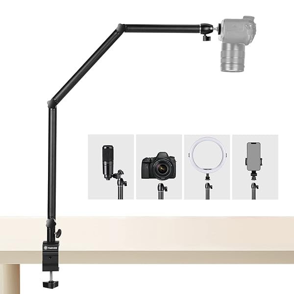 Adjustable TARION Camera Desk Mount Stand for DSLR & Overhead Filming - Heavy Duty Articulating Arm for Live Streaming & Photography