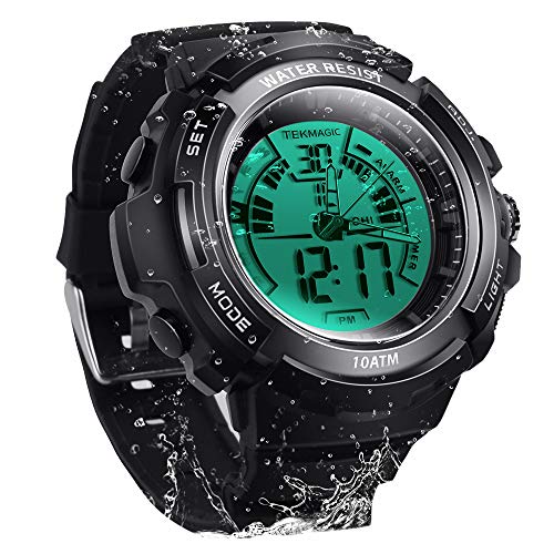TEKMAGIC 10ATM Waterproof Digital Scuba Diving Watch: 100m Underwater, Stopwatch & Luminous LCD for Swimming & Running