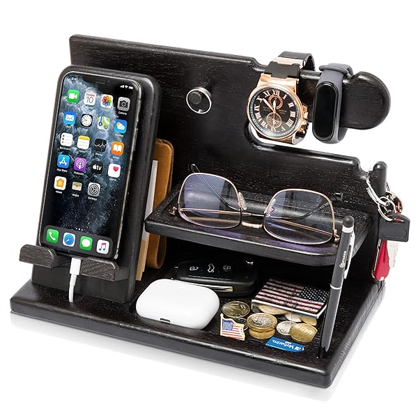TESLYAR TESLYAR Wood Phone Docking Station: Stylish Desk Organizer & Gift for Men - Perfect for Birthdays & Anniversaries