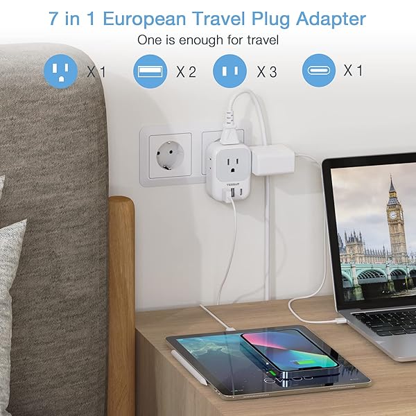 TESSAN European Travel Plug Adapter USB C 3 Pack, US to Europe Plug Adaptor with 4 AC Outlets 3 USB Charging Ports, Type C Power Adapter for USA to - Image 4