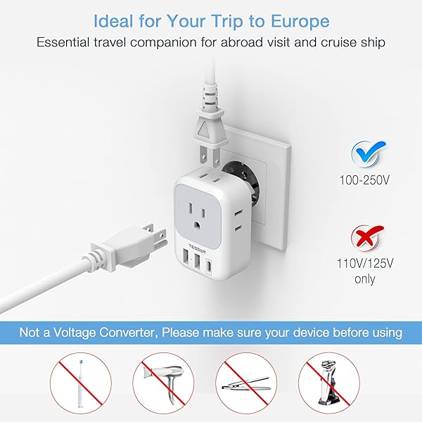 TESSAN European Travel Plug Adapter USB C 3 Pack, US to Europe Plug Adaptor with 4 AC Outlets 3 USB Charging Ports, Type C Power Adapter for USA to - Image 6