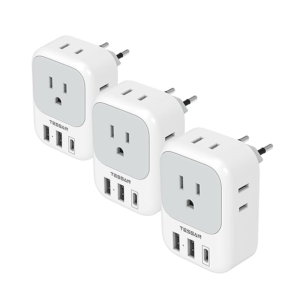 TESSAN European Travel Plug Adapter USB C 3 Pack, US to Europe Plug Adaptor with 4 AC Outlets 3 USB Charging Ports, Type C Power Adapter for USA to