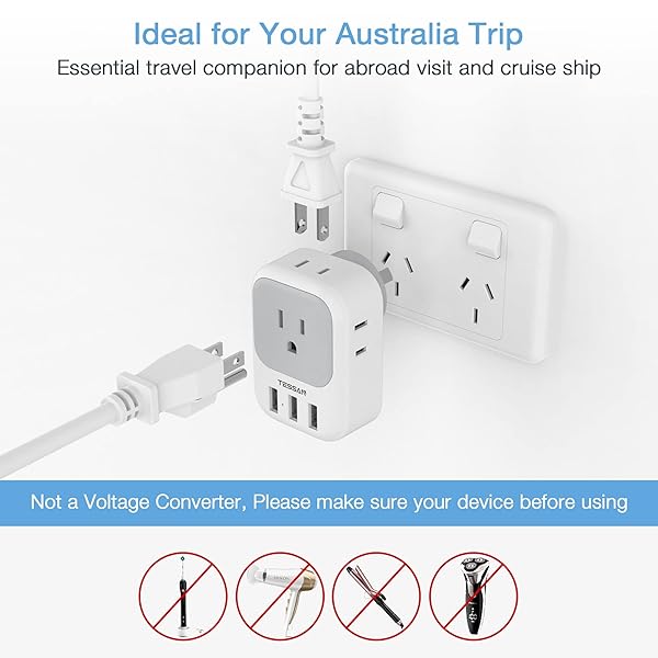 TESSAN Australia Power Plug Adapter, US to New Zealand Power Adapter with 4 American Outlets 3 USB Charger, Type I Travel Adaptor for USA to - Image 5