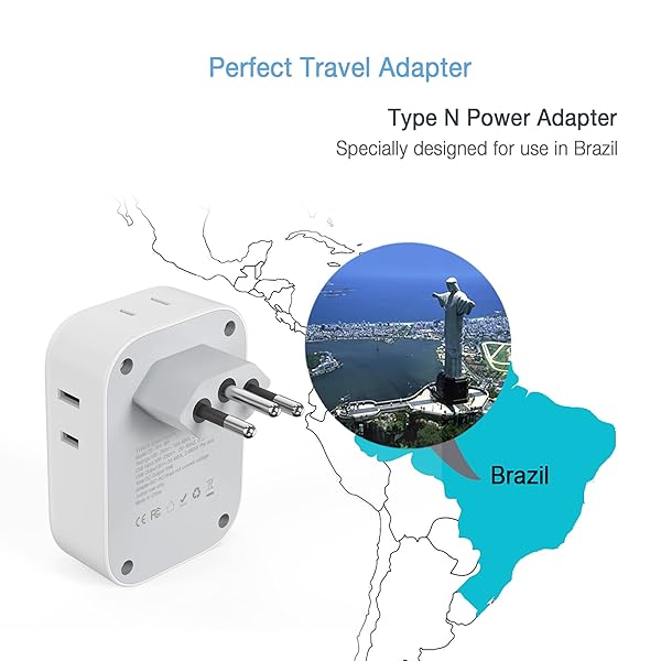 TESSAN Brazil Power Adapter, 7 in 1 US to Brazil Adapter Plug with 3 USB Ports (2 USB C) 4 American Outlets, Type N Travel Adaptor for USA to - Image 2