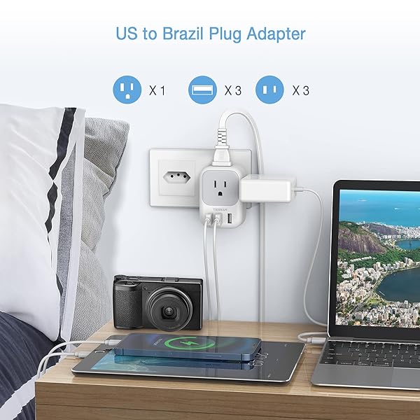 TESSAN Brazil Power Adapter, 7 in 1 US to Brazil Adapter Plug with 3 USB Ports (2 USB C) 4 American Outlets, Type N Travel Adaptor for USA to - Image 3