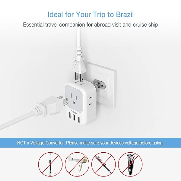 TESSAN Brazil Power Adapter, 7 in 1 US to Brazil Adapter Plug with 3 USB Ports (2 USB C) 4 American Outlets, Type N Travel Adaptor for USA to - Image 4