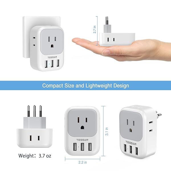 TESSAN Brazil Power Adapter, 7 in 1 US to Brazil Adapter Plug with 3 USB Ports (2 USB C) 4 American Outlets, Type N Travel Adaptor for USA to - Image 5