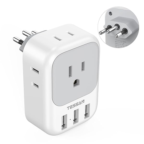 TESSAN TESSAN Brazil Power Adapter, 7 in 1 US to Brazil Adapter Plug with 3 USB Ports (2 USB C) 4 American Outlets, Type N Travel Adaptor for USA to