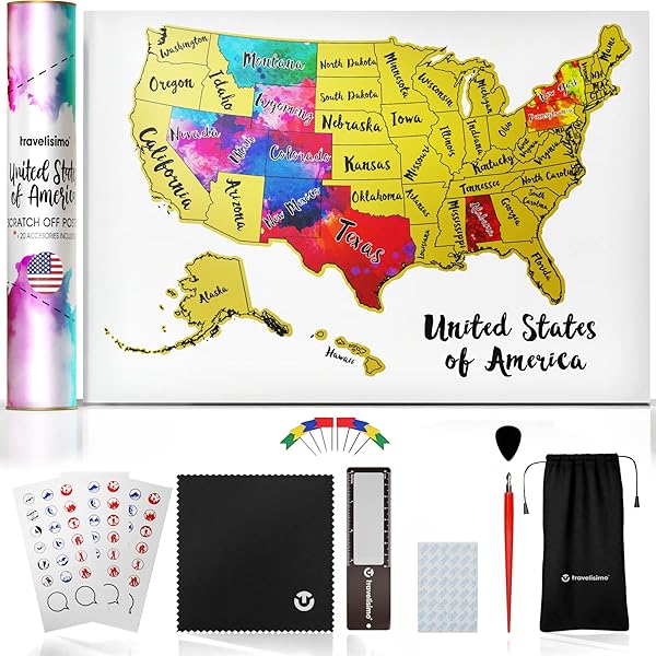 TRAVELISIMO Scratch Off Map of the USA - 12x17 Travel Map with 25 Accessories | Perfect Gift for Travelers!