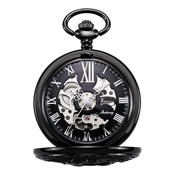 Shop TREEWETO Vintage Pocket Watch: Mechanical Skeleton Steampunk Design for Men & Women - Black Double Cover Deer Case - Image 3