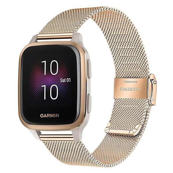 TRUMiRR Stainless Steel Mesh Band for Garmin Venu Sq 2 Smart Watch and Vivoactive 6 5 3 Forerunner 570 42mm Women Strap