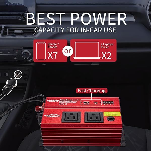 TWING 1000W Car Inverter 12V DC to 110V with Dual AC Outlets and USB Type-C for Vehicles - Image 3