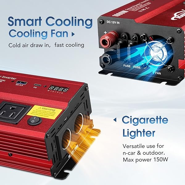 TWING 1000W Car Inverter 12V DC to 110V with Dual AC Outlets and USB Type-C for Vehicles - Image 6