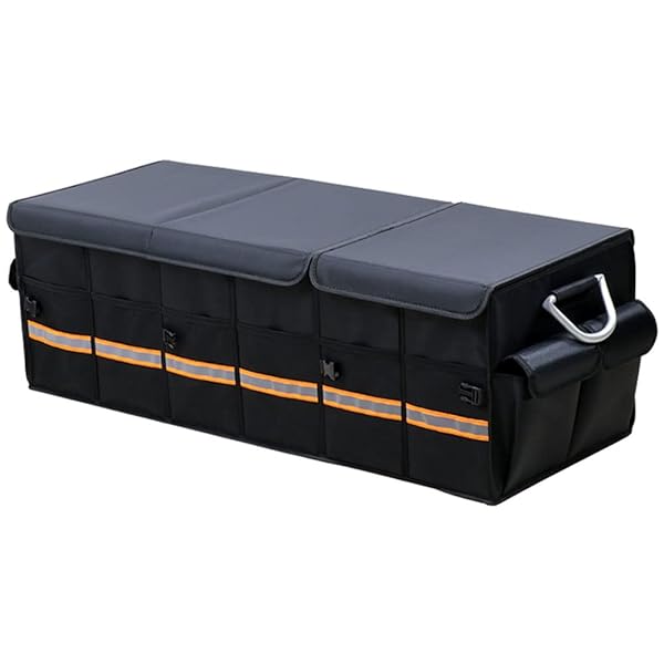 XL Black Tianle Car Trunk Organizer - Collapsible with Lid, Reflective Strip & Aluminium Handle for SUV, Truck & Minivan