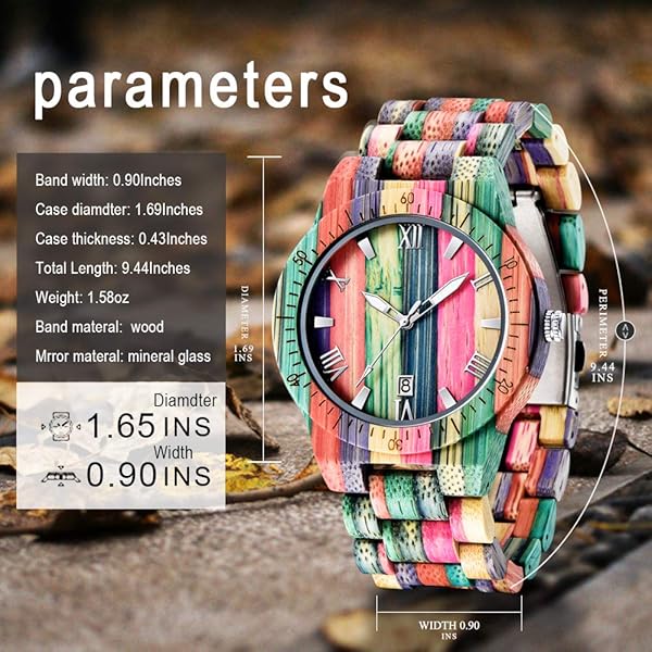 Shop Tiong Brand Men's Handmade Colorful Bamboo Wooden Watches - Stylish Analog Date Quartz Timepieces - Image 4