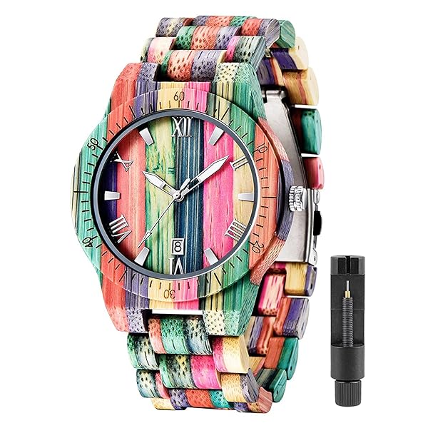 Tiong Shop Tiong Brand Men's Handmade Colorful Bamboo Wooden Watches - Stylish Analog Date Quartz Timepieces