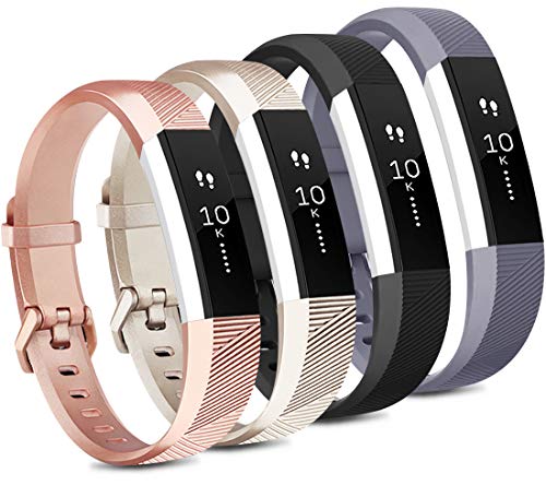 Tobfit 4 Pack Soft Sport Silicone Bands for Fitbit Alta Alta HR Replacement Wristbands for Men and Women in Black Champagne Gold Rose Gold Gray