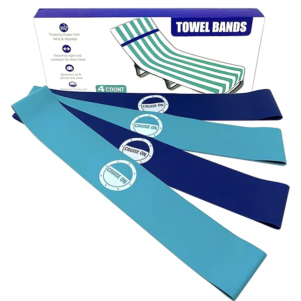 Cruise On Towel Bands 4 Pack Better Towel Clips for Chairs and Beach Essential for Pool and Cruise Ship 2024