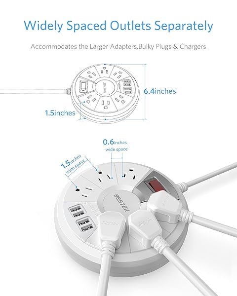 BESTEK 6 Feet Power Strip Surge Protector with 6 Outlet and 4 USB Ports for Quick Charge 2.0 - Image 4