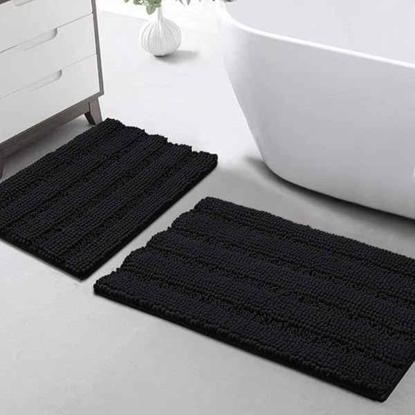 Turquoize Chenille Bathroom Rugs Set Non-Slip Extra Soft Absorbent Shaggy Mats for Kitchen Entryway 20x32 and 17x24 Black