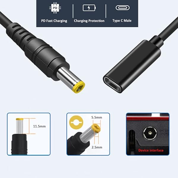 Vienon Type C USB-C Female to DC 5.5X2.5mm Power PD Charge Cable for Laptop 18-20V Black - Image 2