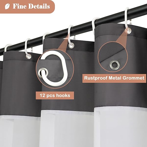 UFRIDAY 72x72 Inches Dark Grey and White Shower Curtain Stylish Bathroom Liner - Image 3