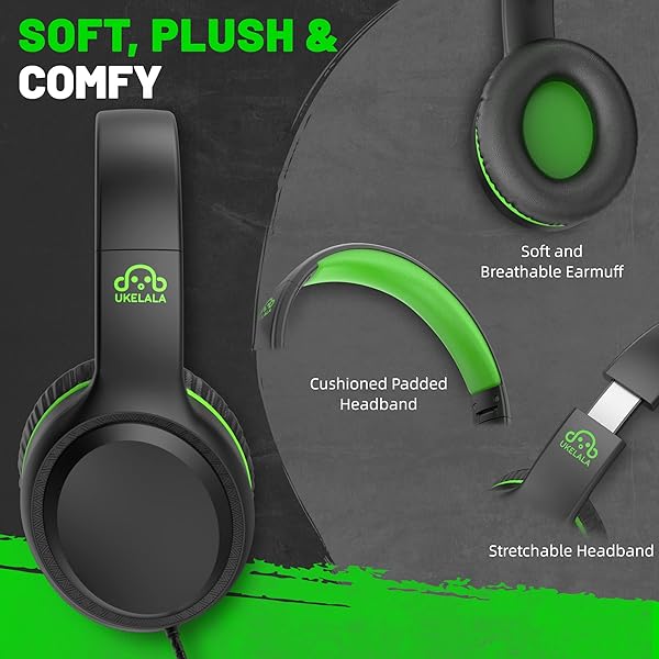 UKELALA Green Wired Headphones for Boys Portable On Ear Youth Headphones for School Airplane Travel Lightweight Portable Compatible with Pad Computer - Image 2