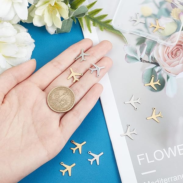 UNICRAFTALE 12Pcs 2 Colors Passenger Plane Pendant Charms Stainless Steel Pendants Small Metal Aircraft Pendant Vehicle Charms Hole 1.4mm for - Image 2