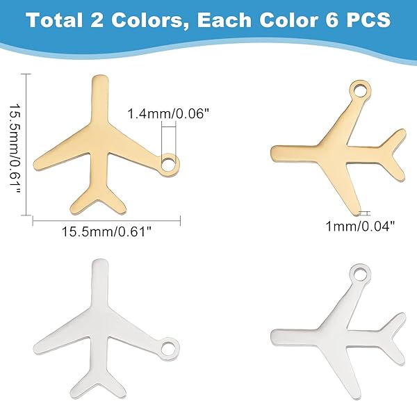 UNICRAFTALE 12Pcs 2 Colors Passenger Plane Pendant Charms Stainless Steel Pendants Small Metal Aircraft Pendant Vehicle Charms Hole 1.4mm for - Image 4