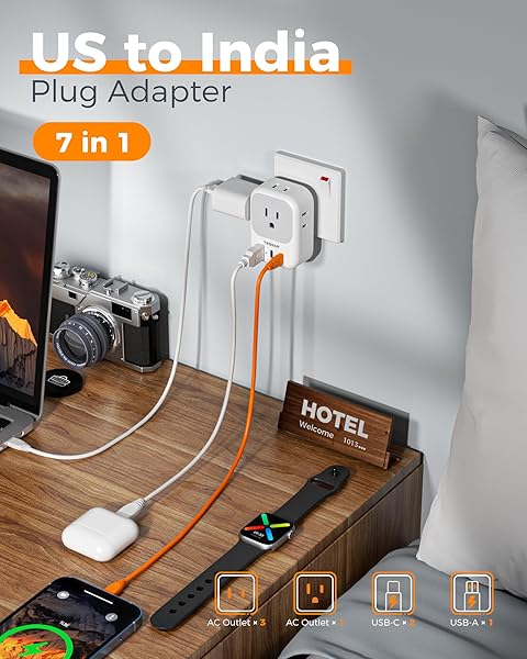 TESSAN US to India Plug Adapter, Type D Travel Adapter with 4 Outlets 3 USB (2 USB-C), Power Adaptor for USA to India Nepal Maldives Pakistan - Image 3