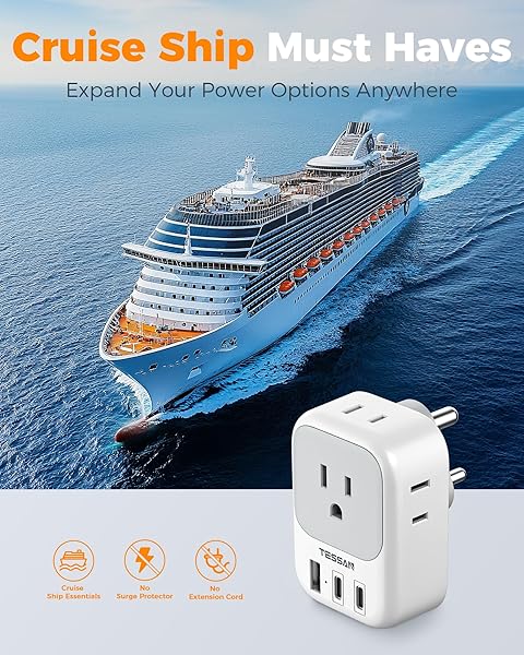 TESSAN US to India Plug Adapter, Type D Travel Adapter with 4 Outlets 3 USB (2 USB-C), Power Adaptor for USA to India Nepal Maldives Pakistan - Image 7