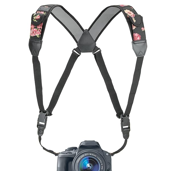 USA Gear Floral DSLR Camera Strap Chest Harness - Quick Release, Accessory Pockets, Compatible with Canon, Nikon, Sony & More