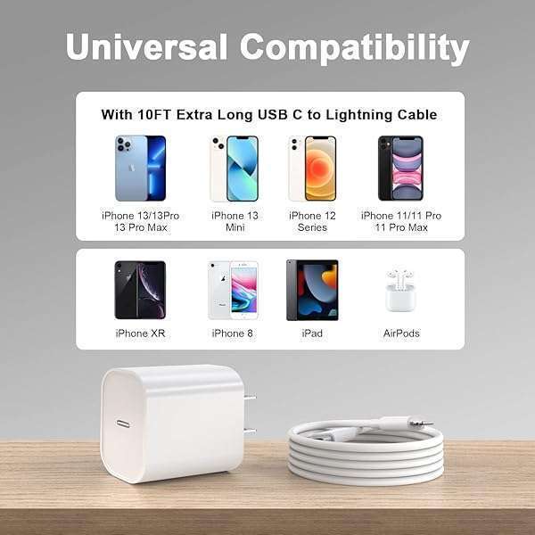 Ucaca 10FT iPhone Fast Charger 2 Pack - 20W USB C Wall Charger & Extra Long Lightning Cable for iPhone 14/13/12/11 Pro Max - Image 5