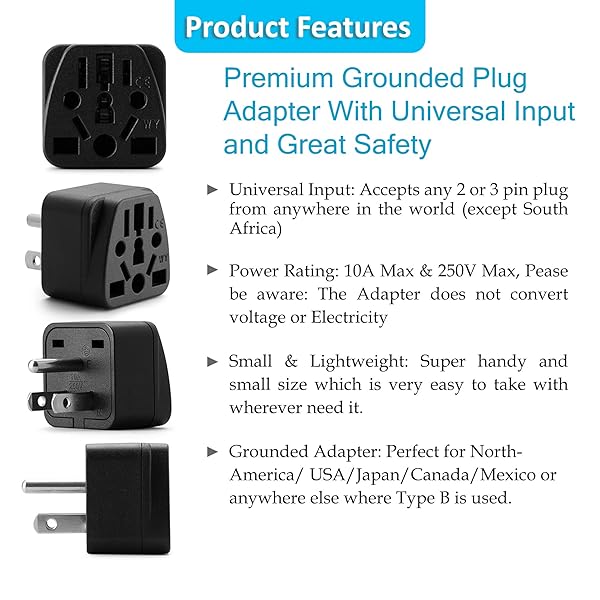 Unidapt US Travel Plug Adapter for EU AU UK NZ CN to USA Type B Grounded 3 Prong Wall Plug Power Outlet Charger 1-Pack - Image 5