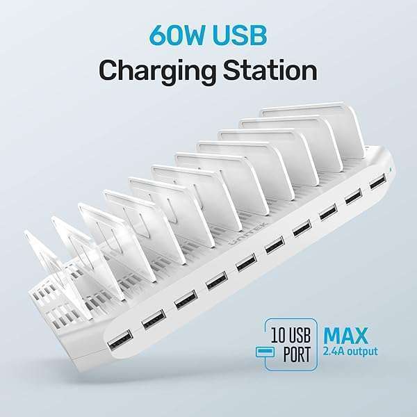 Unitek 10-Port USB Charging Station: SmartIC Tech for iPad, iPhone, Tablet & Kindle - Adjustable Dividers & Organizer Stand - Image 2