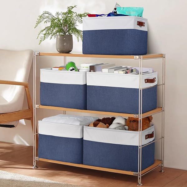 Univivi 4PC Large Foldable Fabric Storage Baskets for Closet Organizing Blue with Handles Hard Bottom 15X10.5X9.5 Inches - Image 2