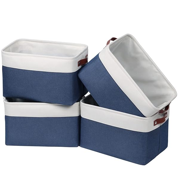 Univivi 4PC Large Foldable Fabric Storage Baskets for Closet Organizing Blue with Handles Hard Bottom 15X10.5X9.5 Inches