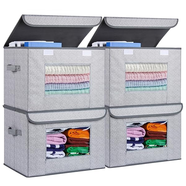 Univivi 4-Pack Fabric Foldable Storage Boxes - Large Stackable Bins with Lids for Home & Office Organization (Gray, 17x12x12)