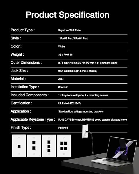 VCE 2 Port Keystone Wall Plate UL Listed 10 Pack Single Gang for RJ45 Keystone Jack Modular Inserts White - Image 4