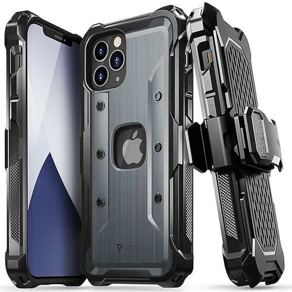 VENA Vena vArmor Rugged Case for iPhone 12/12 Pro - Military Grade Protection, Heavy Duty Holster & Kickstand - Space Gray