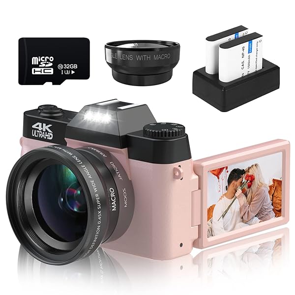 VETEK VETEK 4K 48MP Digital Camera for Photography & Vlogging - Compact, 16X Zoom, Wide-Angle & Macro Lens, 32G Card, 2 Batteries (Pink)