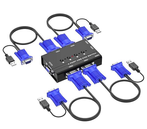 Yinker Yinker 4-Port USB VGA KVM Switch: Share 4 Computers with One Monitor, Keyboard & Mouse - Includes Cables & USB Hubs