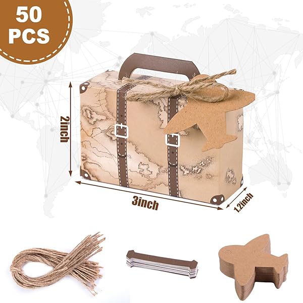 VGOODALL 50PCS Mini Suitcase Favor Boxes Vintage Kraft Paper Gift Bags for Party Wedding Decor with Tags and Twine Brown - Image 4