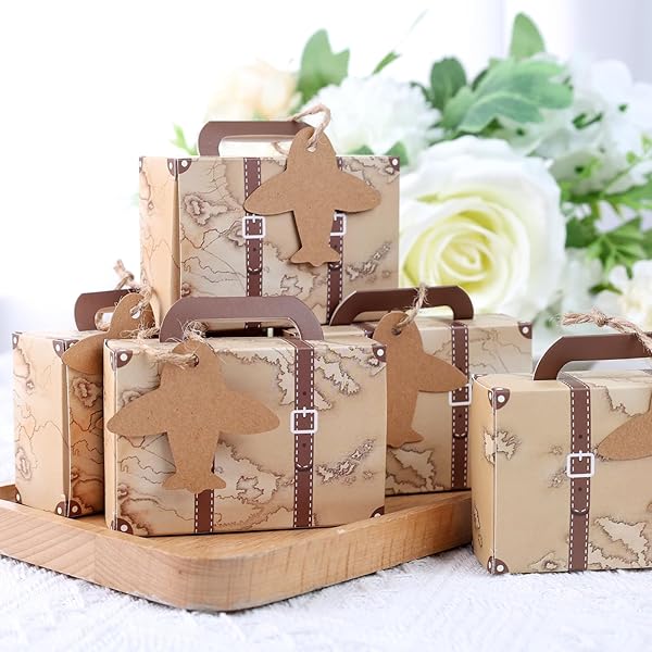 VGOODALL 50PCS Mini Suitcase Favor Boxes Vintage Kraft Paper Gift Bags for Party Wedding Decor with Tags and Twine Brown - Image 7