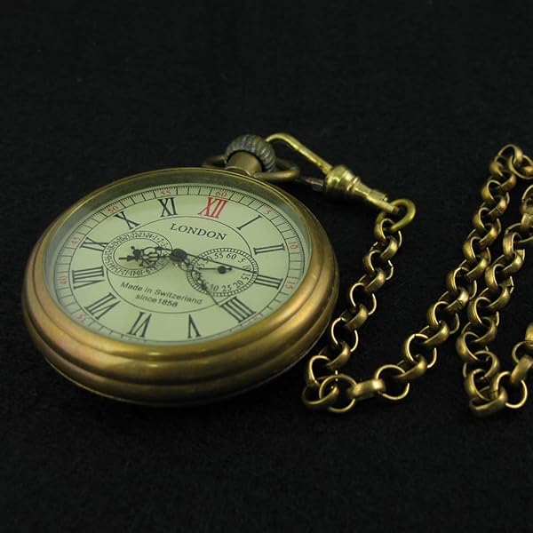 VIGOROSO Men's Vintage Full Copper Hand-Wind Mechanical Pocket Watch with Second and 24 Hours Sub-Dials in Box - Image 6