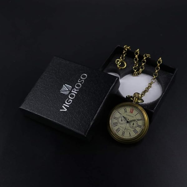 VIGOROSO Men's Vintage Full Copper Hand-Wind Mechanical Pocket Watch with Second and 24 Hours Sub-Dials in Box - Image 8