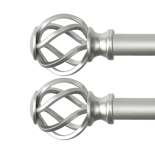 VOIIY 2 Pack Curtain Rods 48 to 84 Inch Silver Drapery Rods with Twisted Cage Finials for Windows 36 to 88 Inch