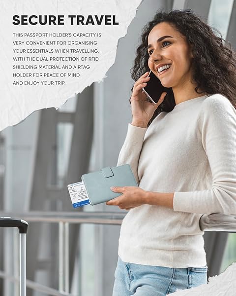 VULKIT Passport Holder Travel Wallet with Airtag Holder RFID Blocking Bifold Cover for Men and Women in Blue - Image 4